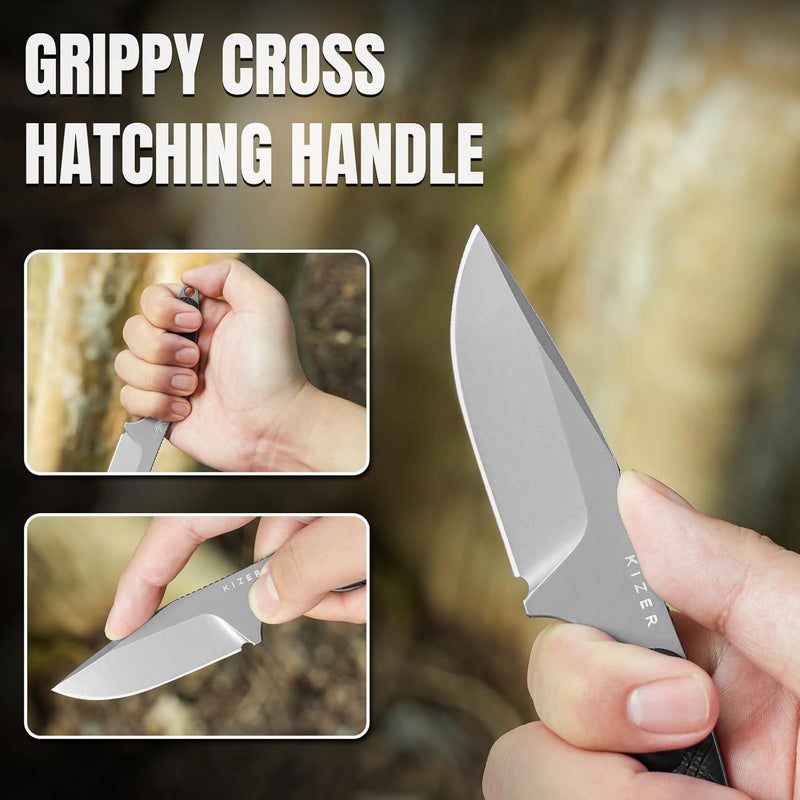 KIZER سكين موسكرات ثابتة الشفرة، 3.15 إنش شفرة D2 سكين EDC نمط أرجايل مقبض G10 أسود سكاكين عنق للرجال والنساء، سكاكين للصيد في الهواء الطلق، التنزه، البقاء، والتخييم مع غمد، 1064M3 - Image 4